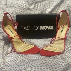 Red “Little Surprise Heeled Sandals” from Fashion Nova.